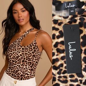 Lulus NWT Fiercely Stylish Tan Leopard Print One-Shoulder Bodysuit XS